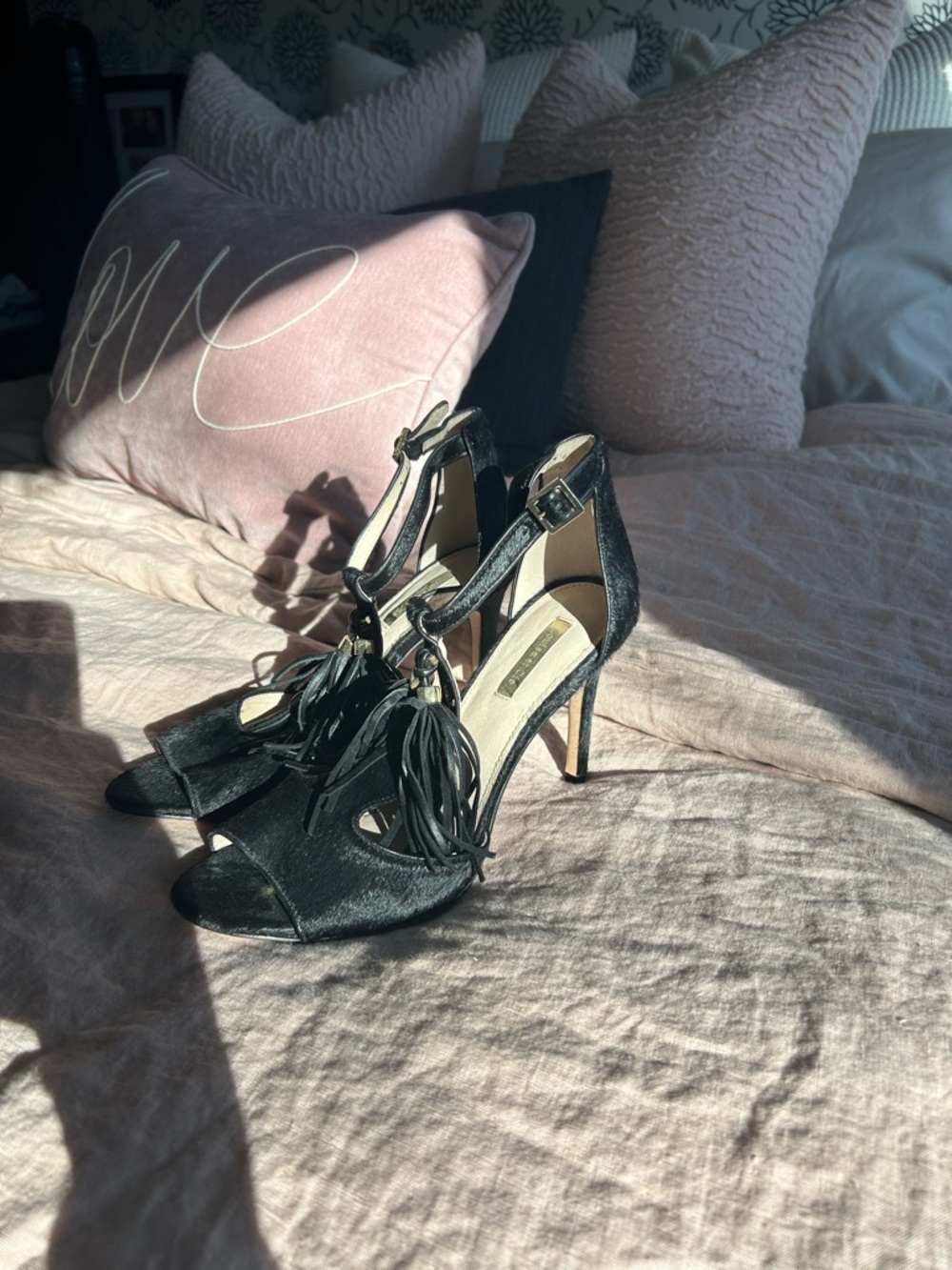 Louise et Cie Black T-Strap Fringe High Heels